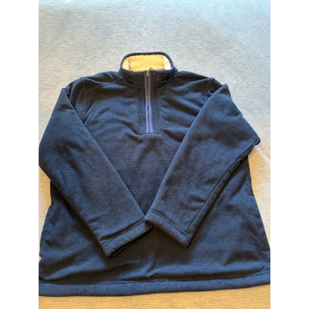 Orvis Mens Navy Blue Waffle Knit Sherpa Lined Quarter Zip Pullover Sweater L